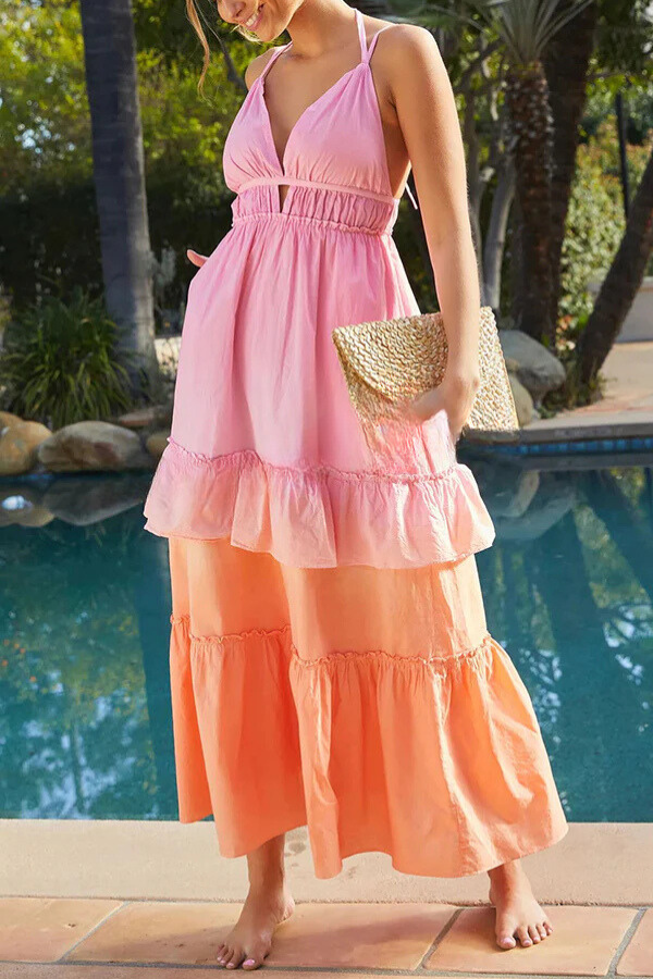 Living for Beach Days Linen Blend Gradient Pocketed Halter Maxi Dress