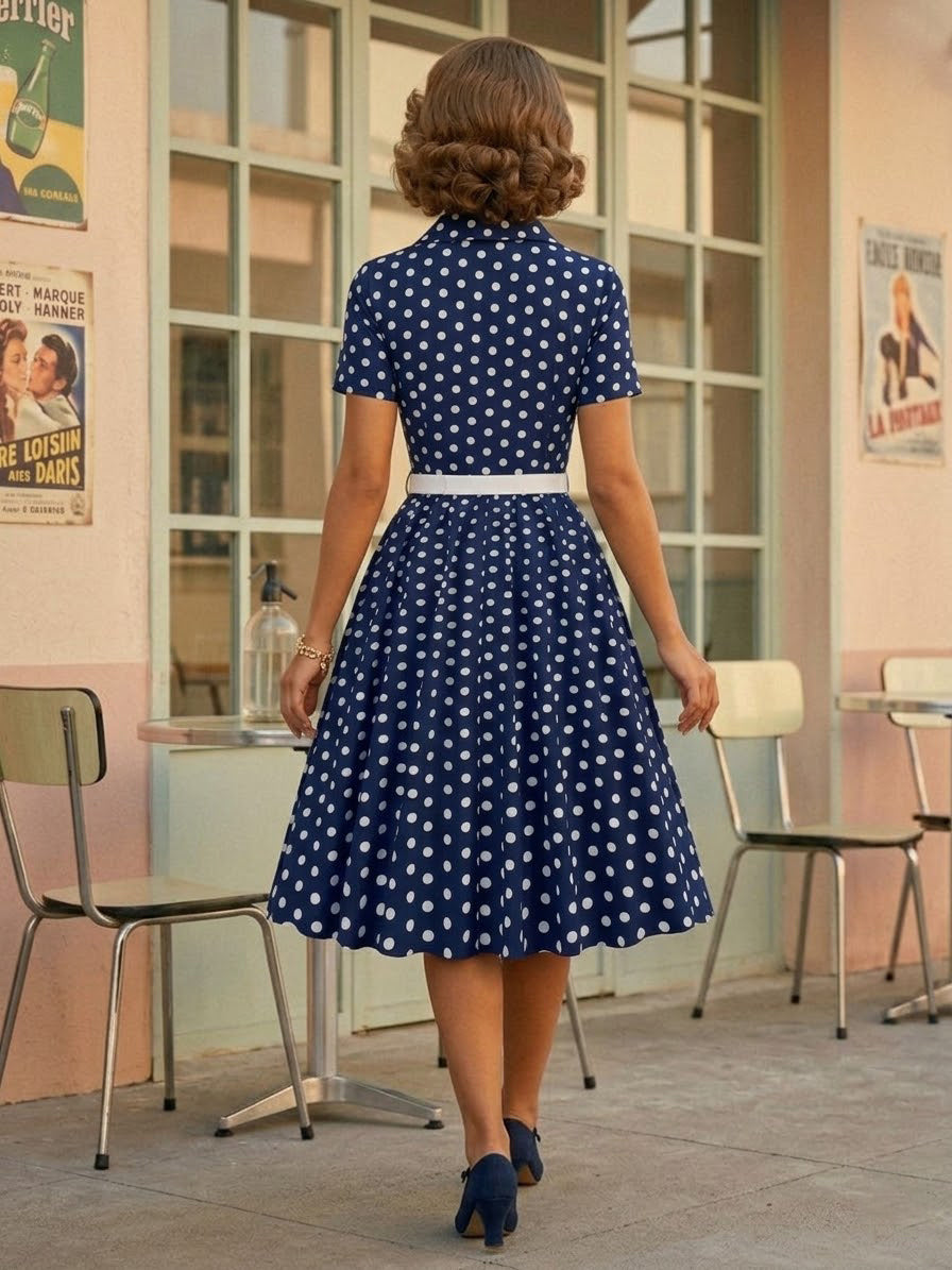 Retro Glamour Dress 1950s Style Turndown Collar Buttons Short Sleeves Polka Dot Swing Dress