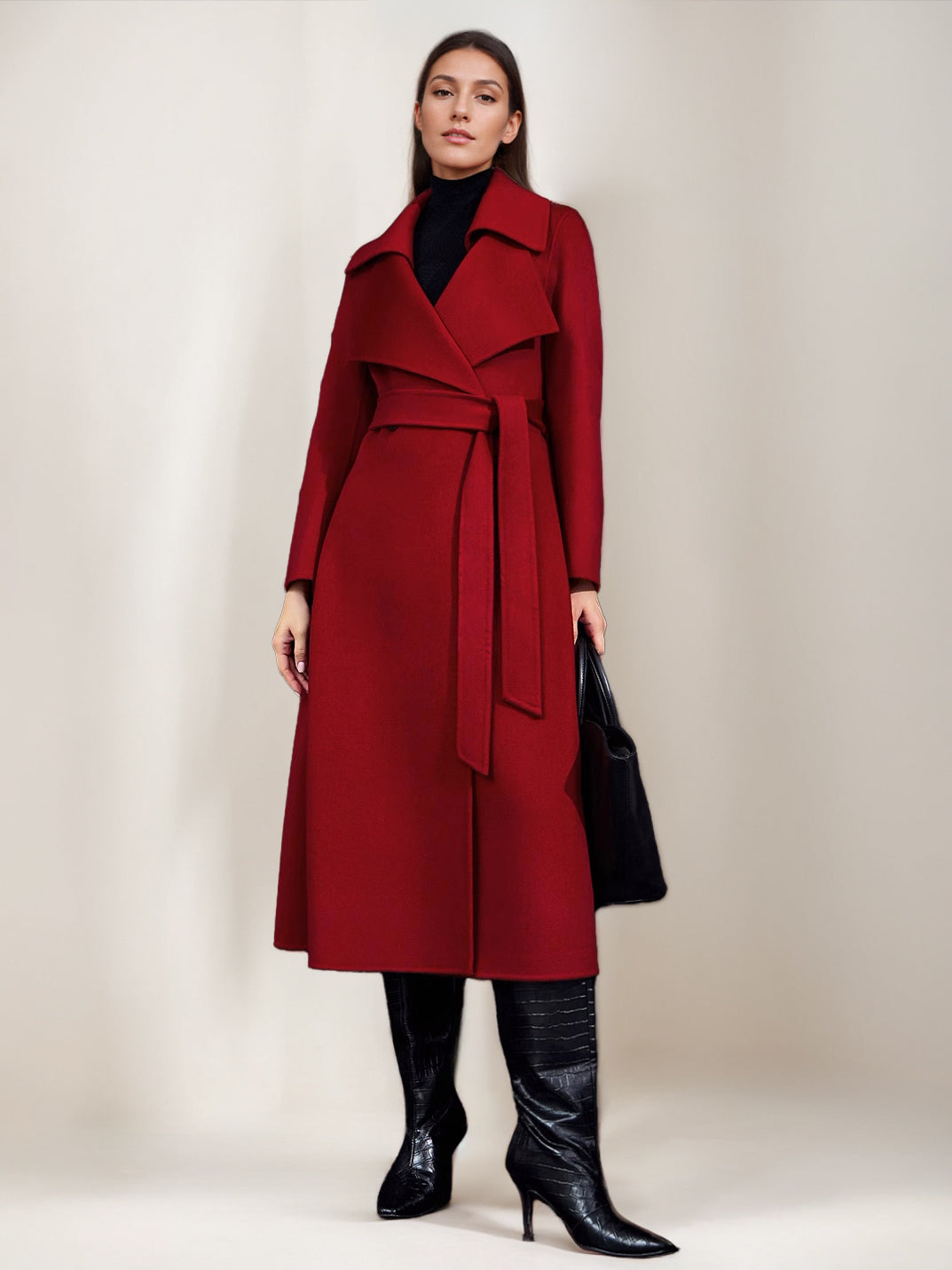Red Wool Cashmere Blend Coat For Woman Burgundy Double-breasted Double-Faced Winter Outerwear 2026