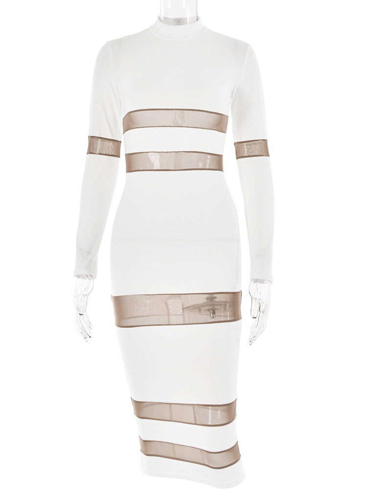 Mesh Patchwork Dress Long Sleeves See Through Party Bodycon Dresses