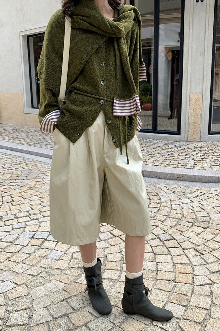 Color-Block Belted Lazy-Style Knit Cardigan