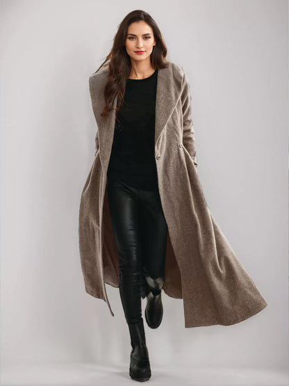 Woolen Flared Coat With Hood Vintage Belted A-line Winter Long Outerwear For Women 2026