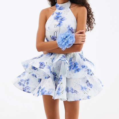 Halter flower print ruffle backless mini dress