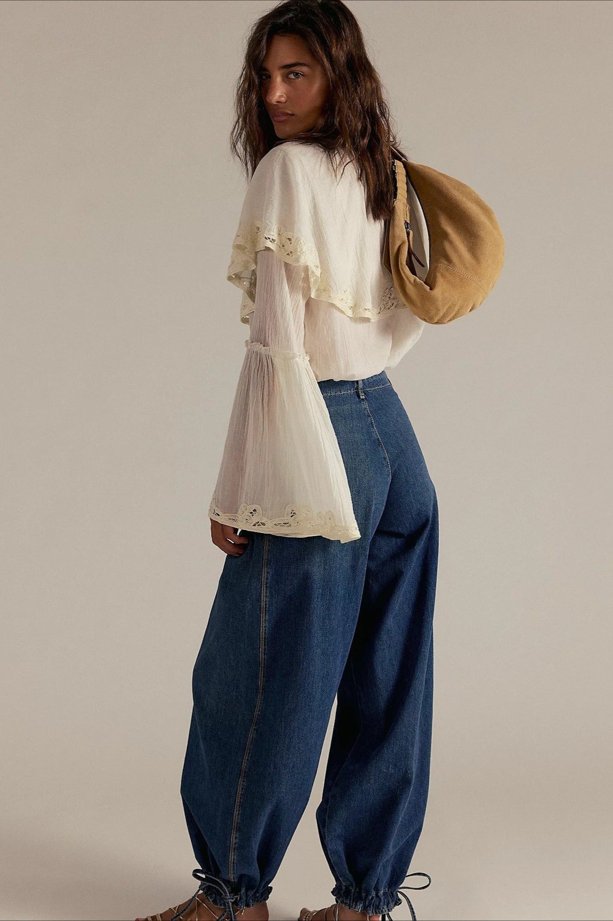 Ruched Mid Rise Wide Leg Jeans