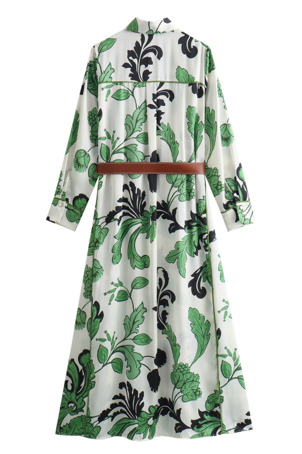 Long Sleeve Belted Waist Shirt-Style Long Dress