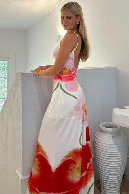 Beach Floral Print Backless Maxi Dress
