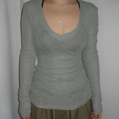 Slim-fitting Crop Top Micro-transparent V-neck Smock T-shirt Women