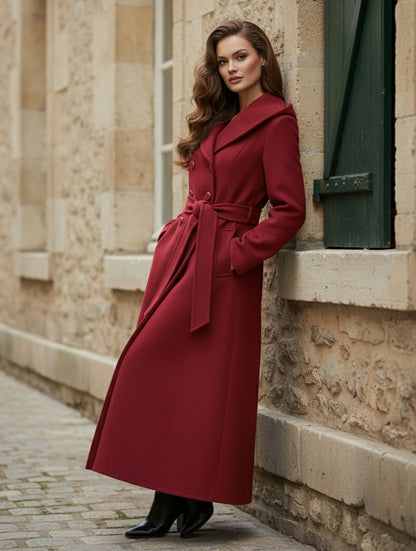Wool Blend Maxi Hooded Coat With Double-Breasted Design For Women 2026