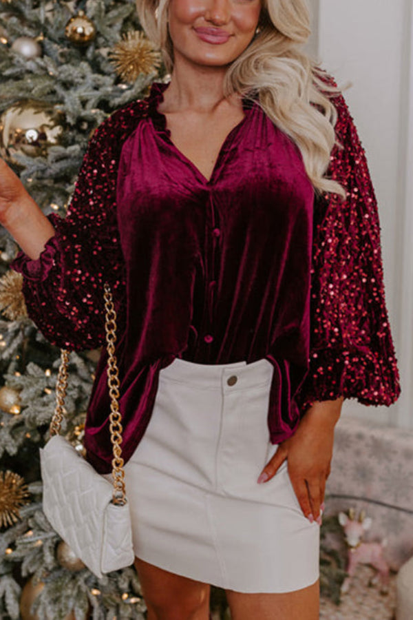 Sequin Patchwork Sleeve Button Up Velvet Top