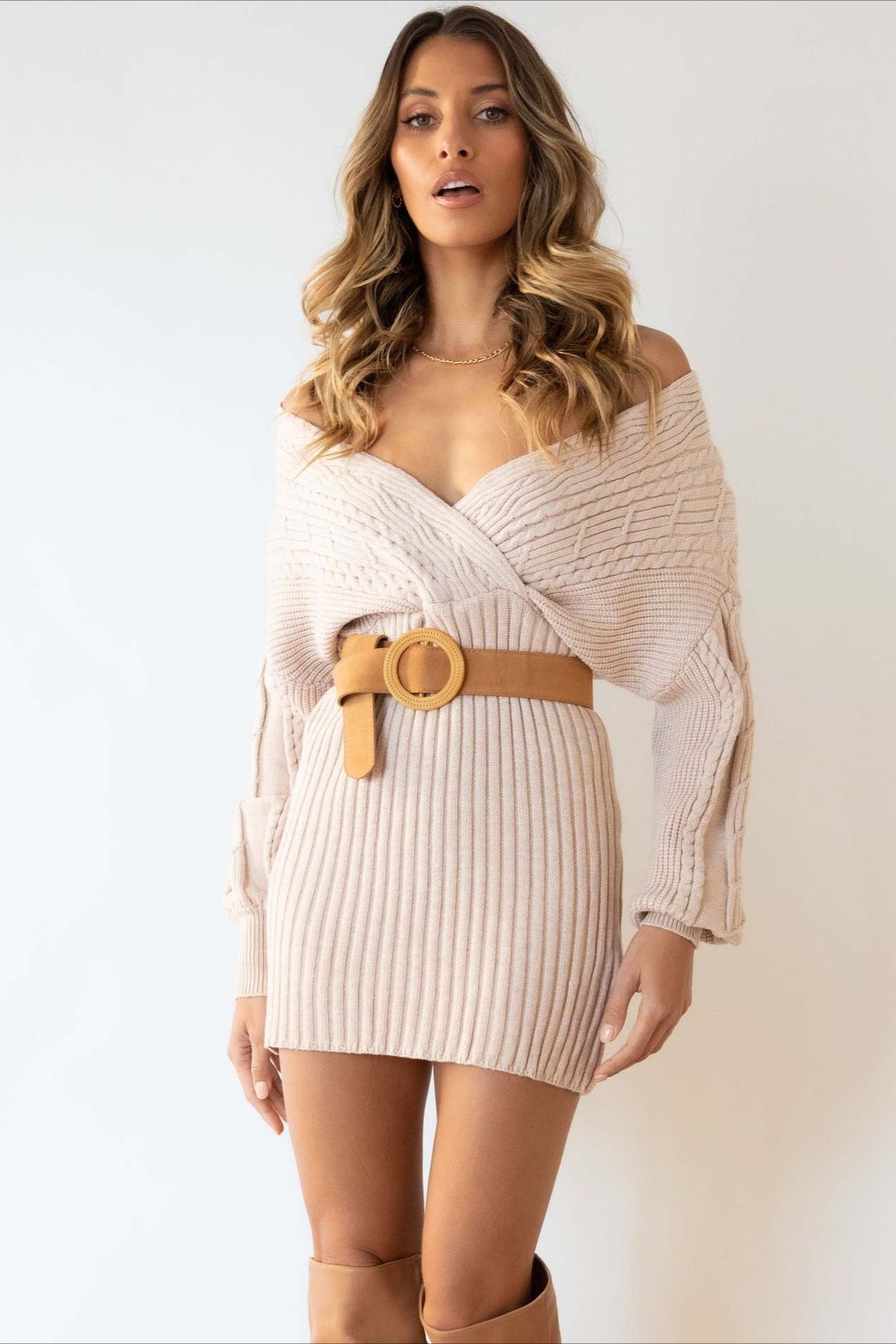 Off-Shoulder Wrap Front Cable Knit Balloon Sleeve Ribbed Mini Dress
