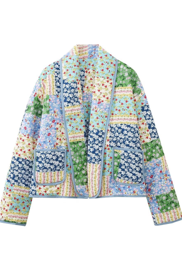 Printed Quilted Short Contrast Color Cotton Coat