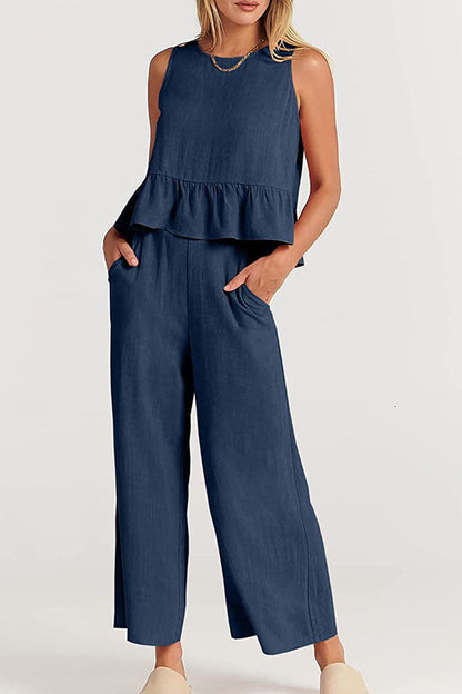 Sleeveless pleated vest wide-leg cropped pants casual suit