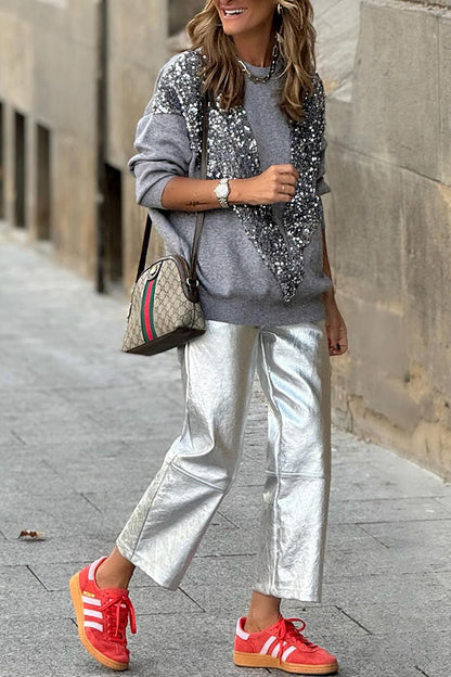 V-shaped sequined embellished pullover sweatshirt top