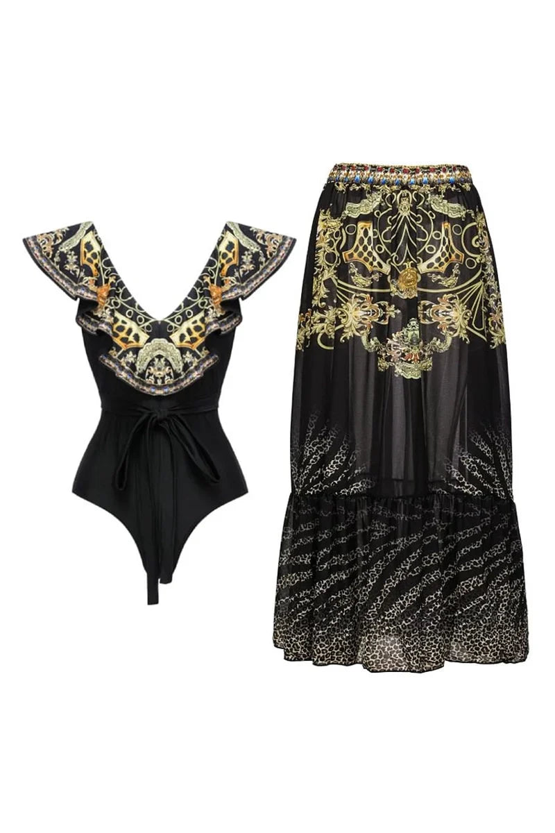 Black Gold Print Ruffle Tie Swimsuit Set