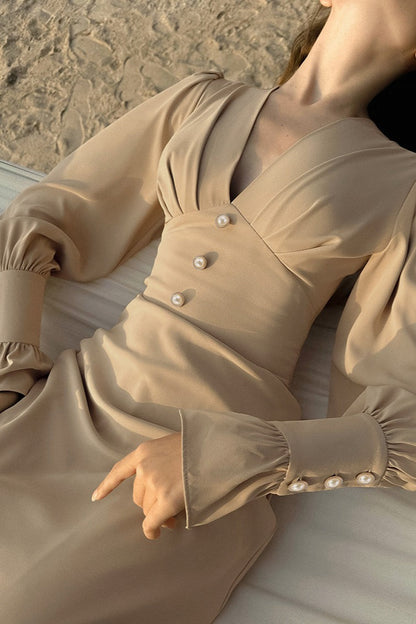 Vintage Lantern Sleeve V-Neck Bodycon Maxi Dress