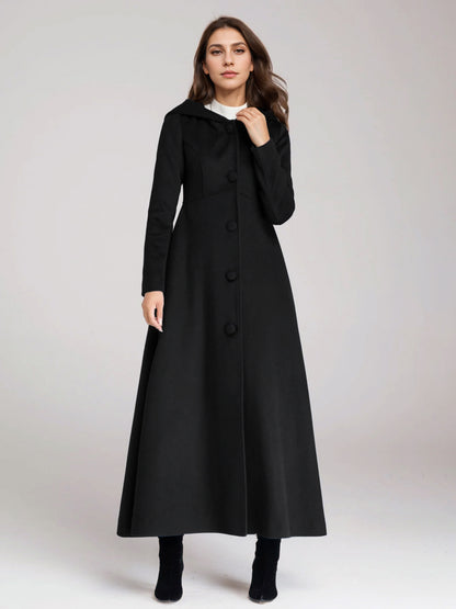 Wool Blend Coat With Hood Dark Navy A-line Flared Maxi Outerwear For Women 2026
