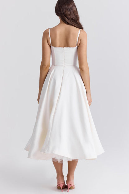 Lace Trim Sweetheart Corset Bodice Tulle Petticoat Fit and Flare Midi Dress
