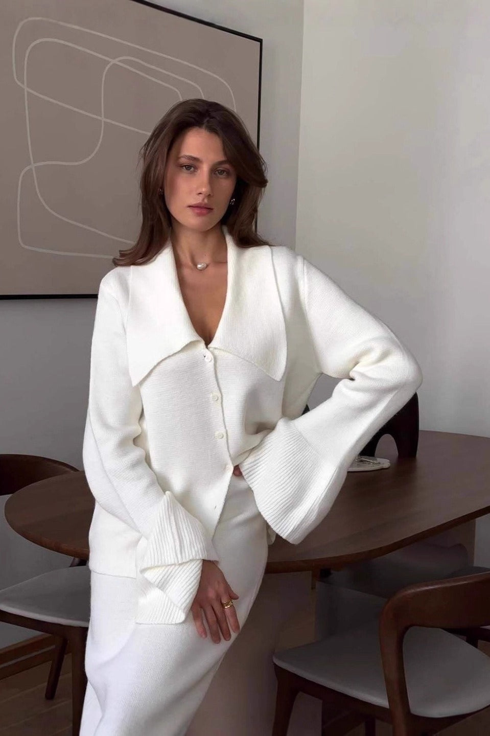 Bell-Sleeve Pink Polo Collar Cardigan Straight Skirt Two Piece Set