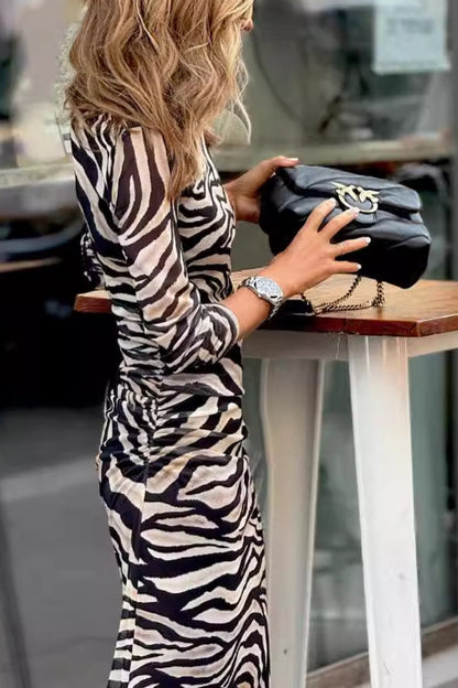 Warm Zebra Print Mirror Velvet Stretch Slim Fit Dress