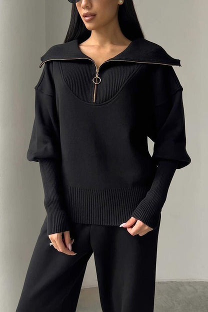 Solid Color Long-sleeved Zip-up Sweatshirt and Elastic Waist Loose Pocket Pants Set
