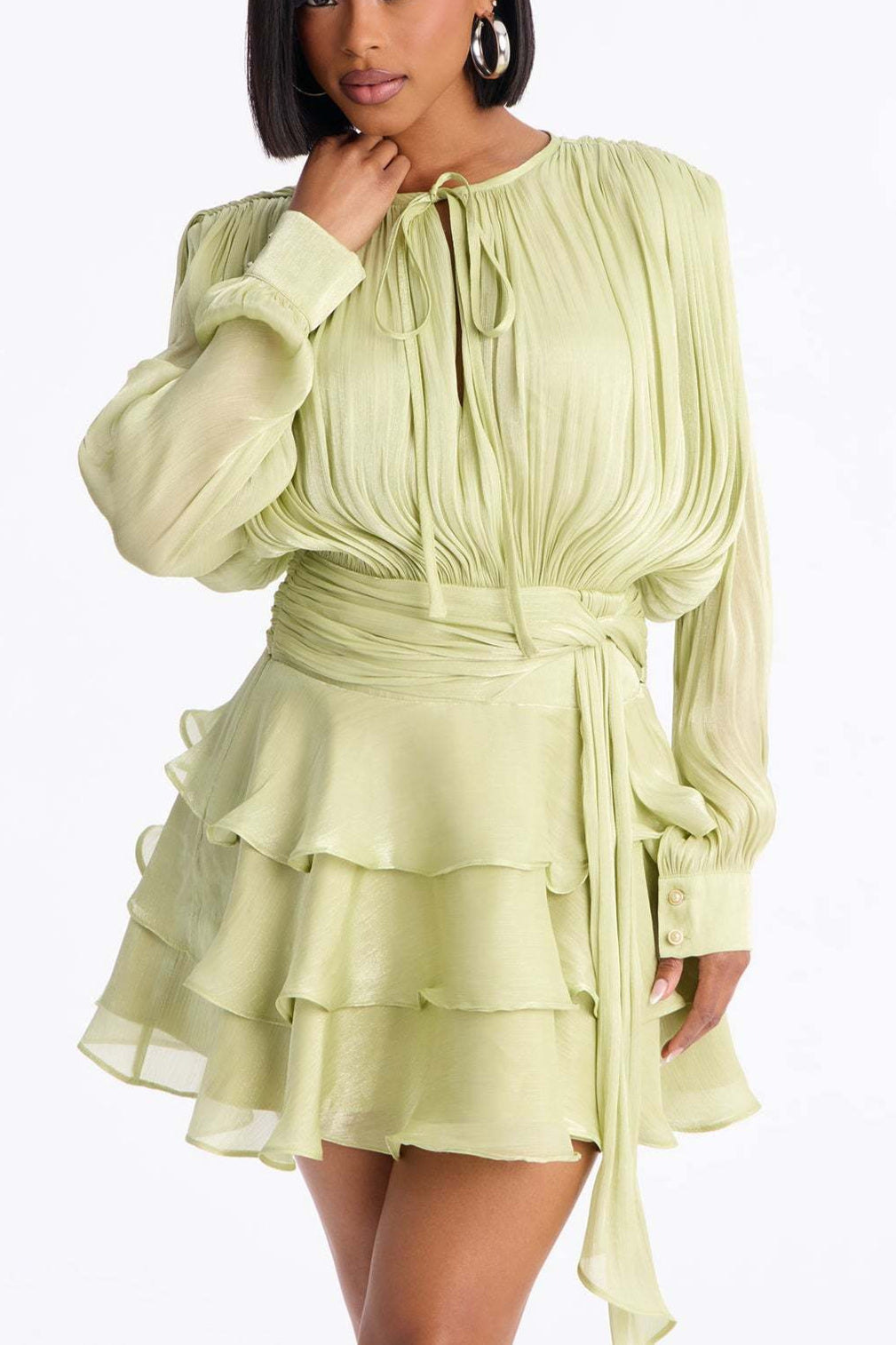 Keyhole Tie Neck Long Sleeve Button Cuff Ruched Waist Tiered Ruffle Satin Mini Dress