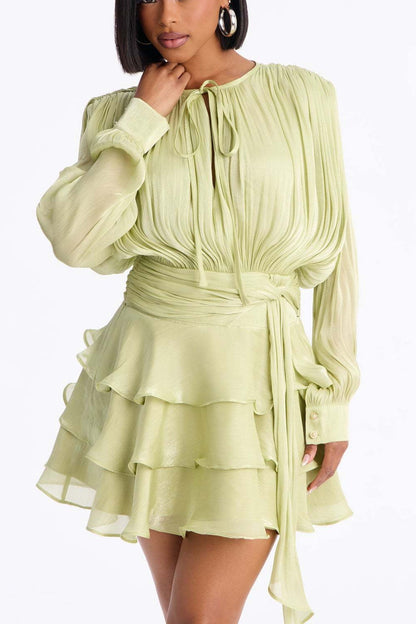 Keyhole Tie Neck Long Sleeve Button Cuff Ruched Waist Tiered Ruffle Satin Mini Dress