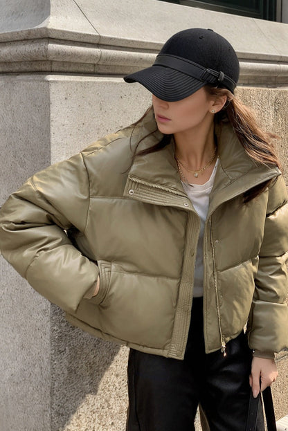 Cropped Faux Leather Insulated Puffer Jacket