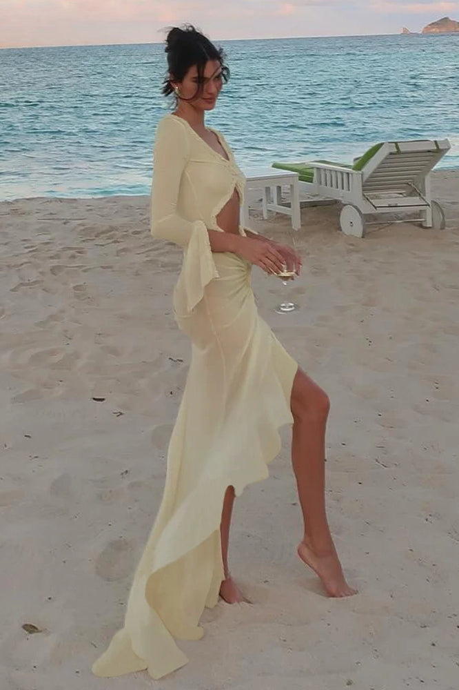 Deep V-Neck Center Cutout Long Sleeve Tie Cuff High Slit Ruffled Tiered Mesh Maxi Dress