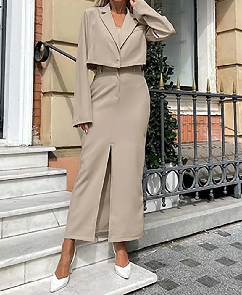 Khaki Single Button Crop Skirt Office Two Piece Set