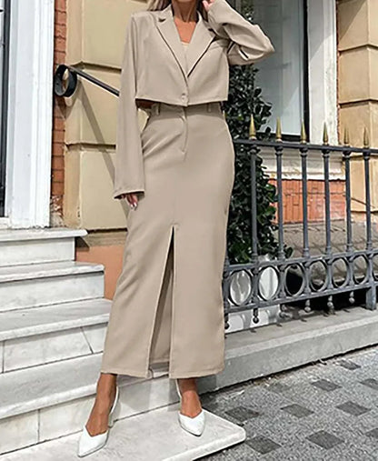 Khaki Single Button Crop Skirt Office Two Piece Set
