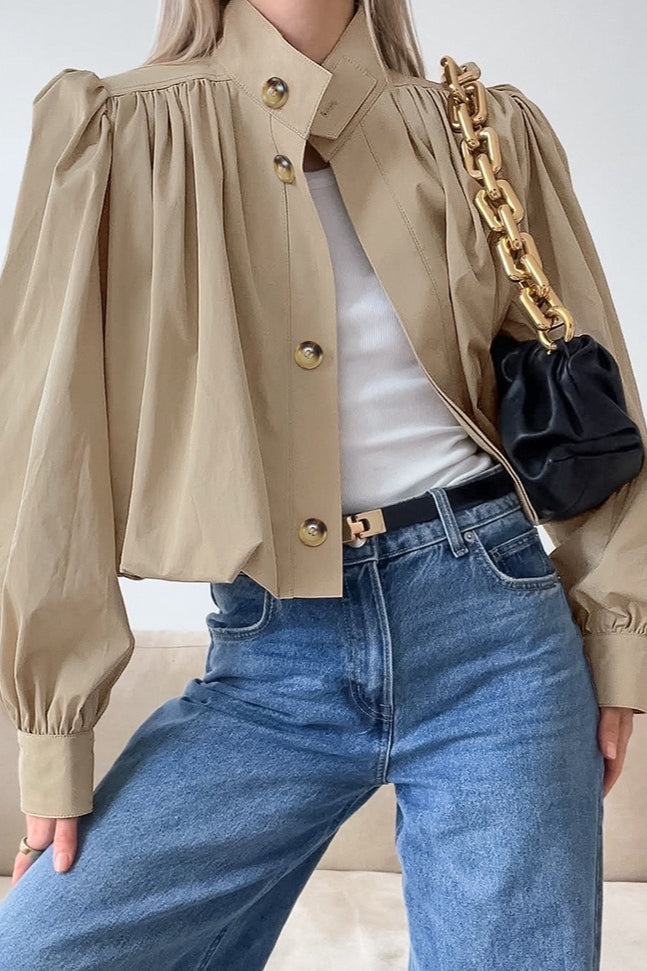 Short Khaki Puff Sleeve Trench Coat