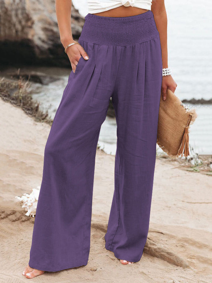 Khaki Linen Pants Wide Leg Elastic Waist Summer Trousers