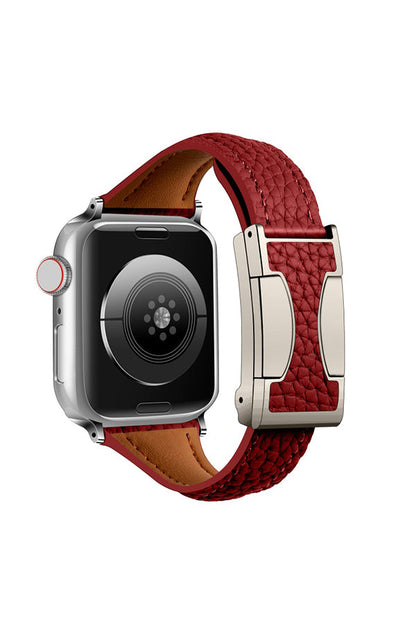 Fashionable Genuine Leather Lychee Pattern Double C Magnetic Buckle Watch Strap