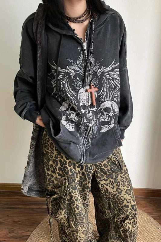 Gothic Skeleton Print Zip Hoodie