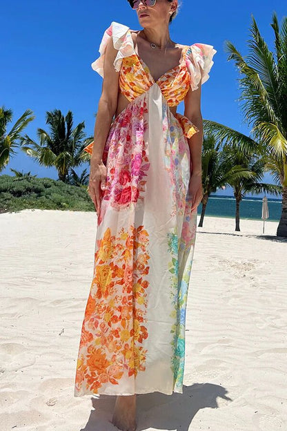 Blooming Beauty Multicolor Floral Frill Cutout Back Tie-up Maxi Dress