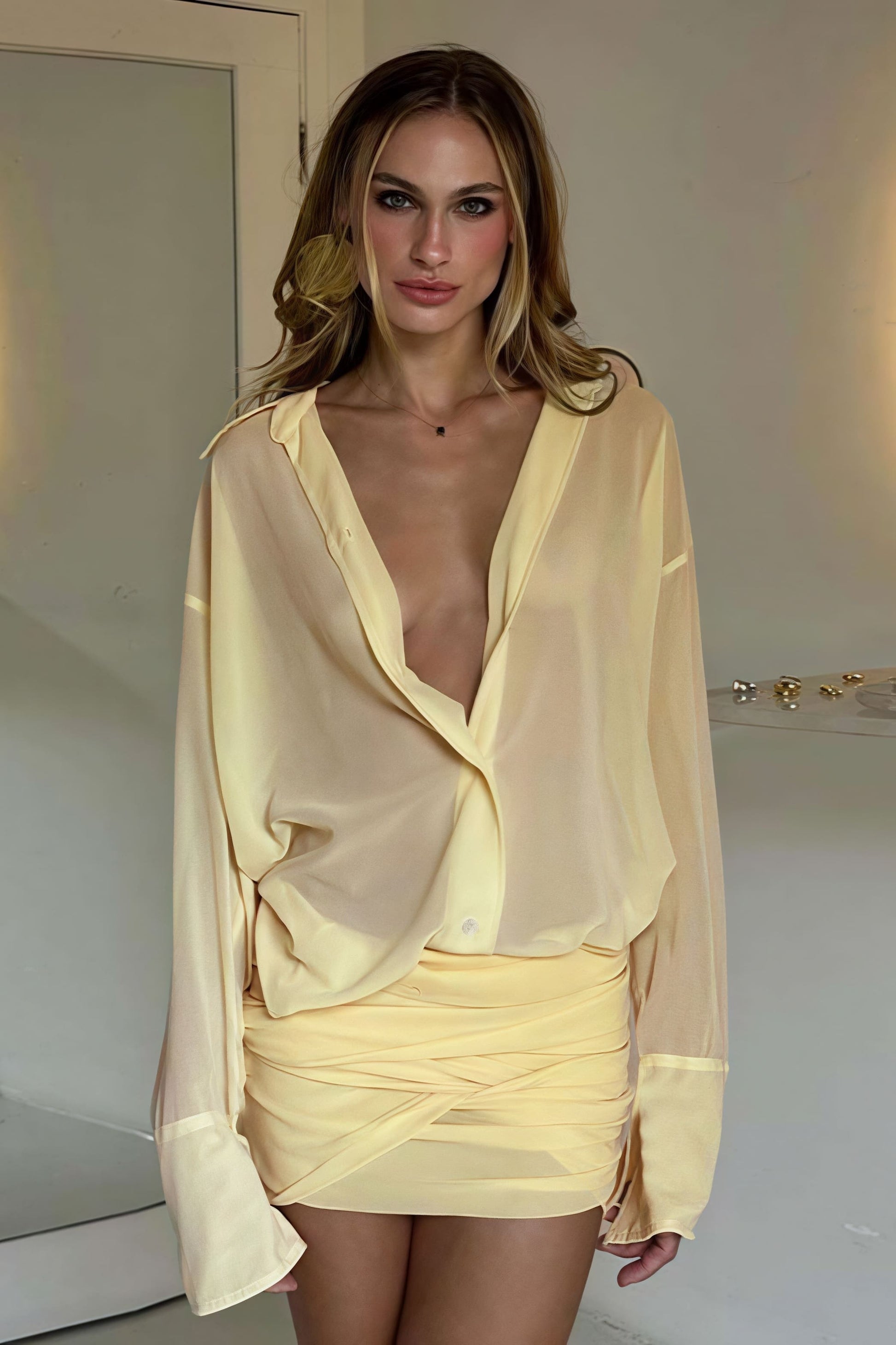 Sheer Button Down Blouse and Ruched Wrap Mini Skirt Set