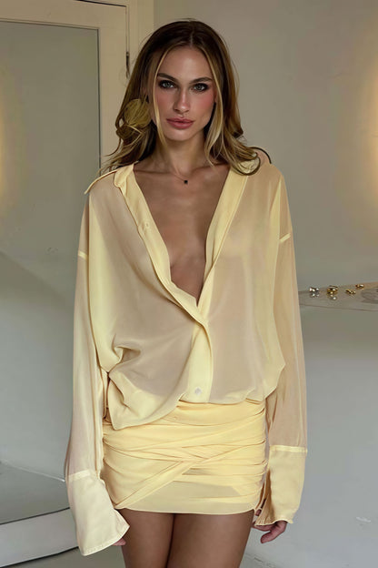 Sheer Button Down Blouse and Ruched Wrap Mini Skirt Set