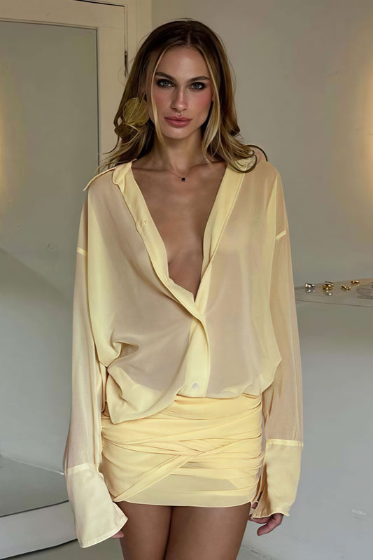 Sheer Button Down Blouse and Ruched Wrap Mini Skirt Set