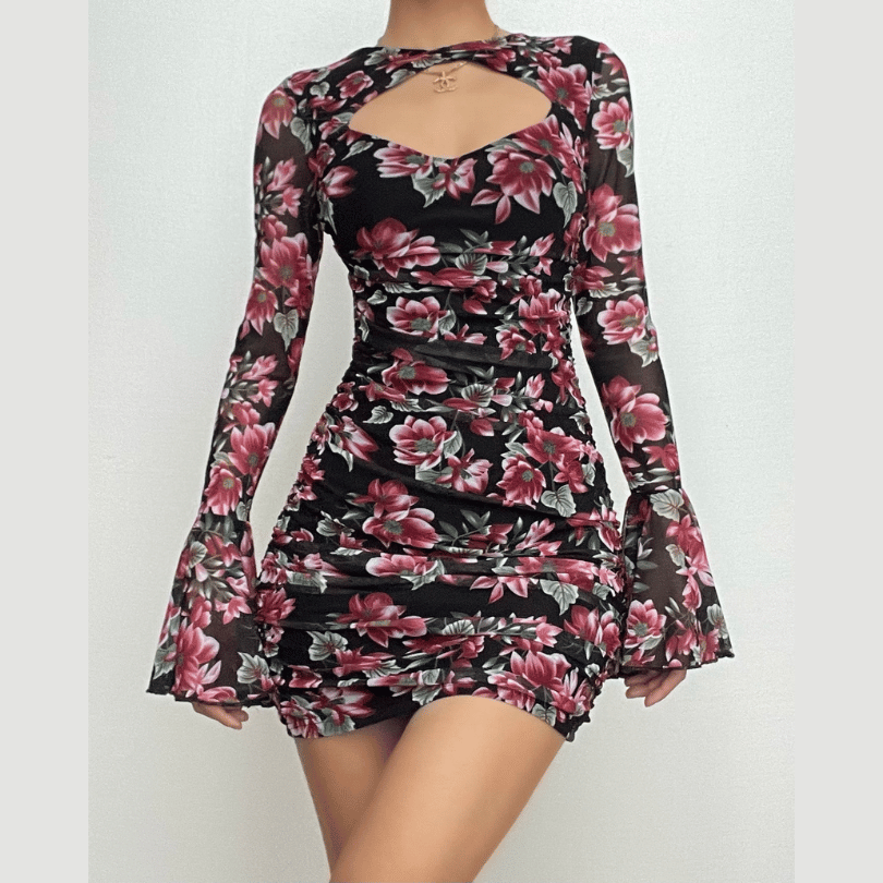 Flower print contrast hollow out long flared sleeve cut out mini dress-final-sale
