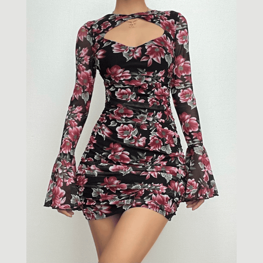 Flower print contrast hollow out long flared sleeve cut out mini dress-final-sale