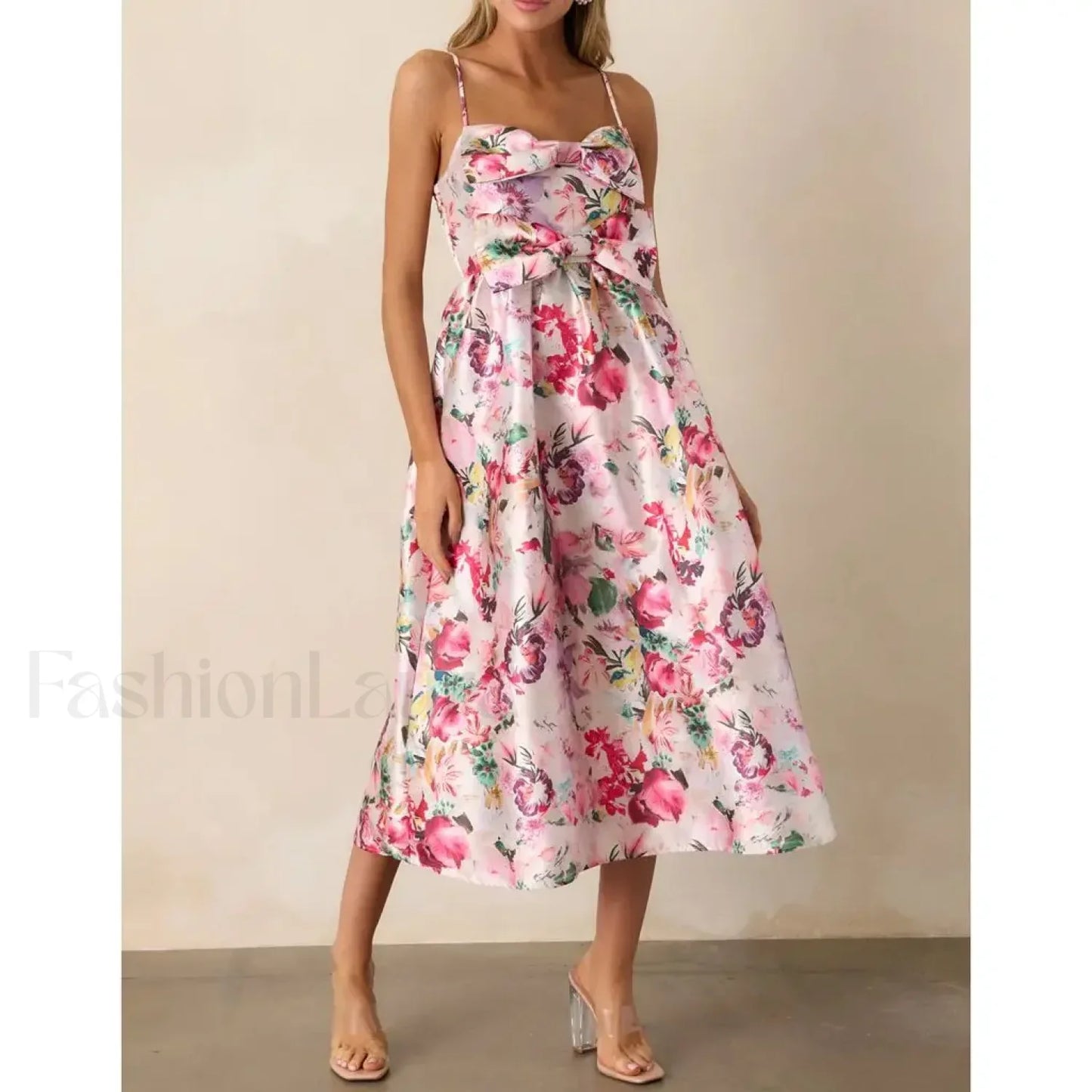 3D Bow Spaghetti-Strap Midi Dress