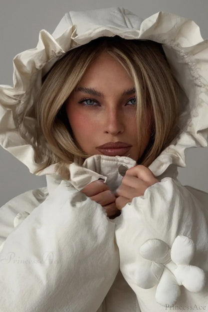 3D Floral Ruffled Hood Cropped Padded Coat