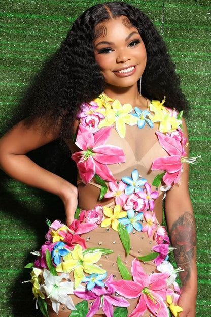 3D Floral Applique Rhinestone Sheer Mesh Sleeveless Bodycon Mini Dress