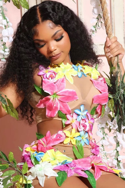 3D Floral Applique Rhinestone Sheer Mesh Sleeveless Bodycon Mini Dress