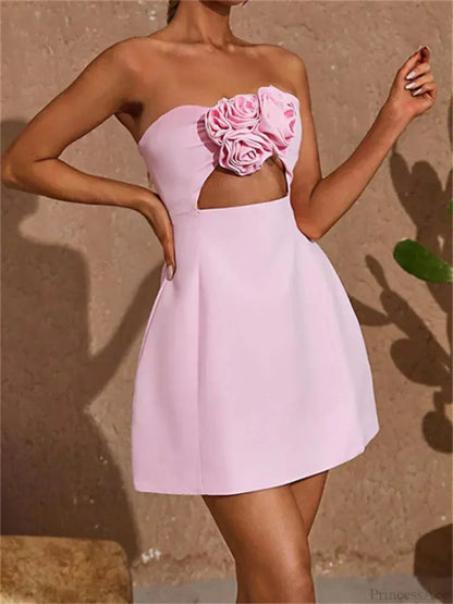 Strapless 3D Rosette Applique Underbust Cutout Fit-and-Flare Mini Dress