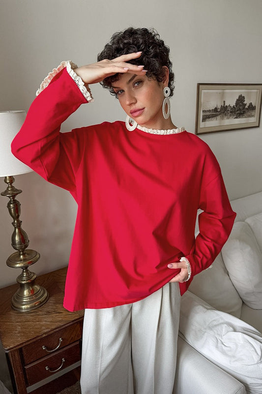 Ruffled Trim Paneled Loose Round Neck Long Sleeve Tee
