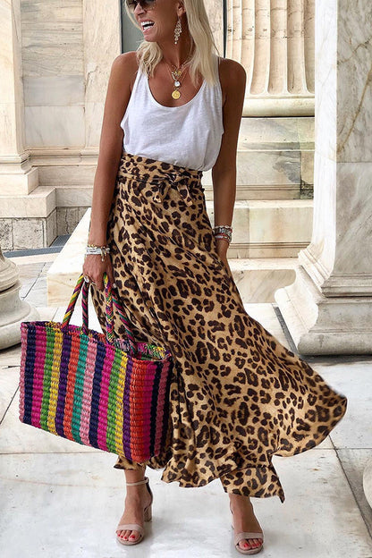 Today’s Journey Satin Leopard Tie Front Elastic Waist Midi Skirt