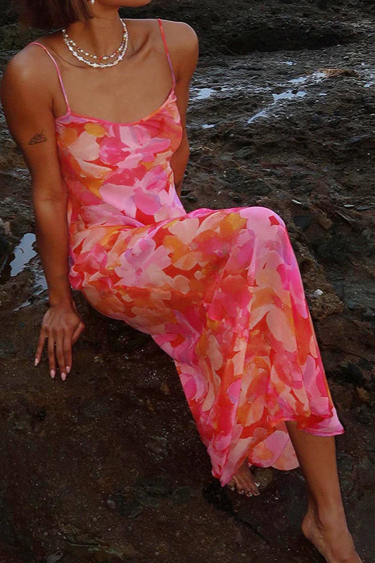 Floral U-Neck Halter Backless Bodycon Maxi Dress