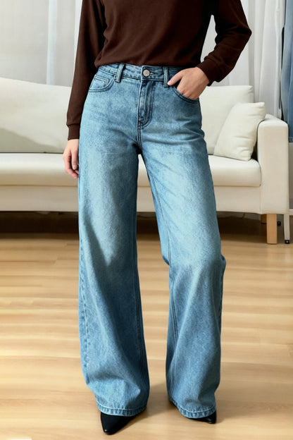 Stylish Casual Loose Pockets Straight-leg Wide-leg Jeans