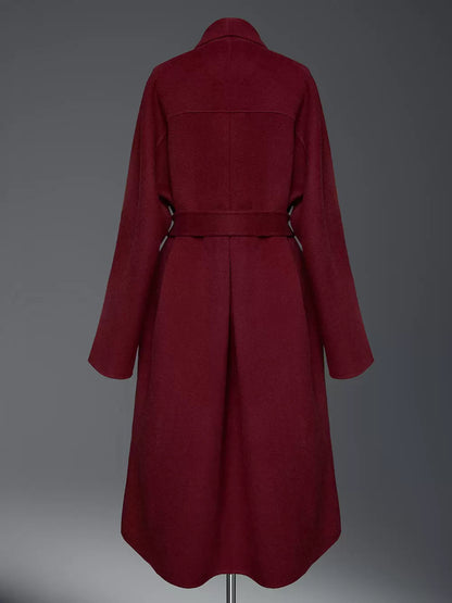 Burgundy Wool Cashmere Blend Wrap Coat For Woman Lapel Elegant Belted Double-Faced Winter Outerwear 2026